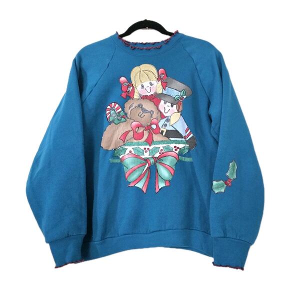 Fruit of the Loom Tops - Vintage Holiday Christmas Mock Sweatshirt Women L Puffy Paint Retro Artsy Cottag